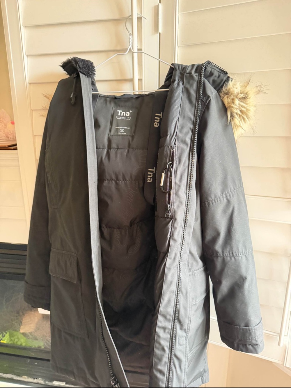 Tna women’s  Black Parka Coat with Faux Fur Trim